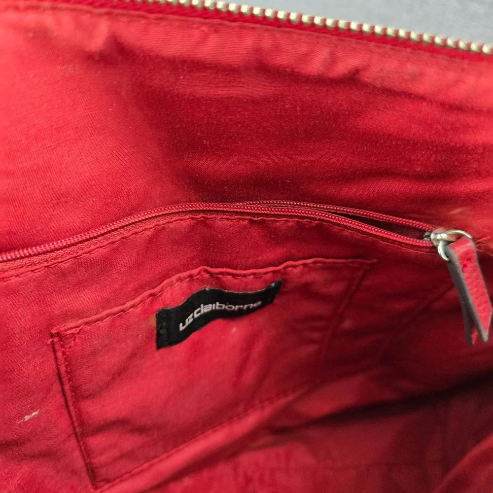 Liz Claiborne Red Satchel Handbag Geometric Embossed Faux Leather Top Handle Bag